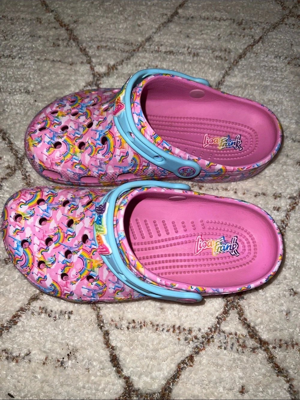 CROCS Pink Unicorn Pattern Clogs with Light Blue Heel Strap